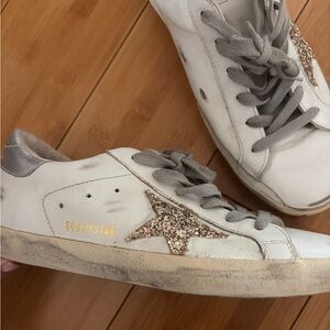 Golden Goose White Leather Super Star Sneakers Gold Glitter Silver LIKE NEW